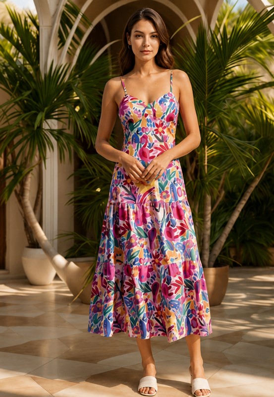 Multicolor floral midi dress for women with comfortable summer fit and vibrant print.