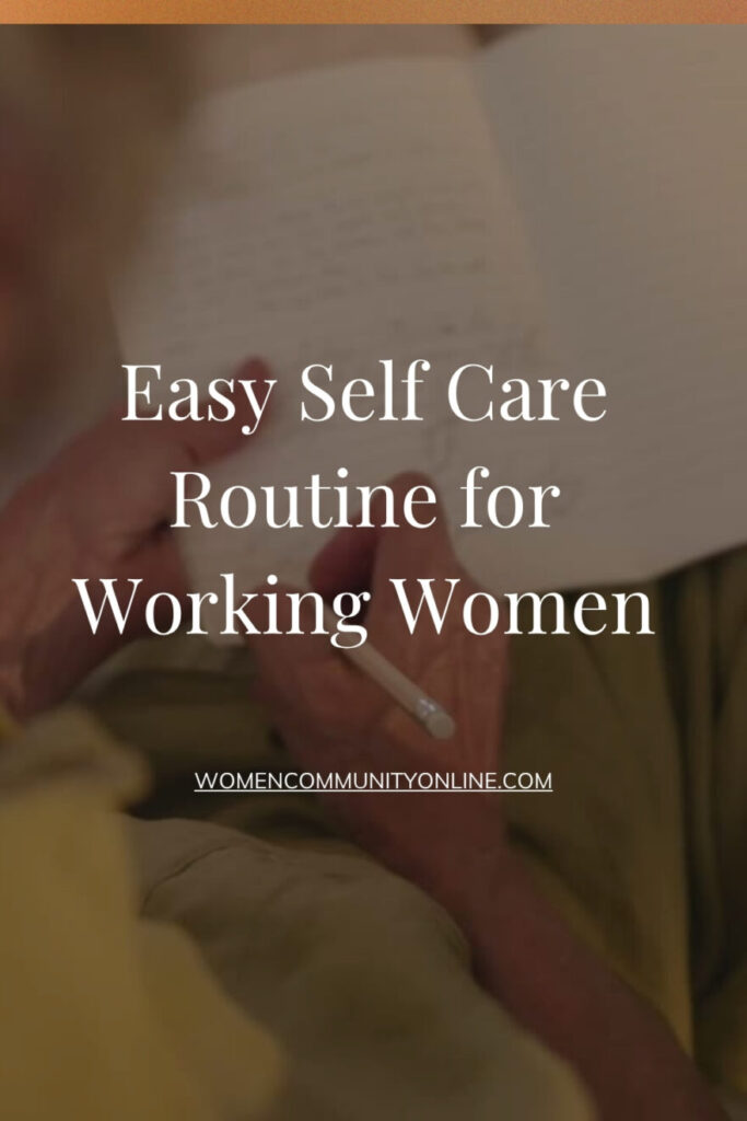 Working woman practicing self care with tea, journal, and relaxing morning routine