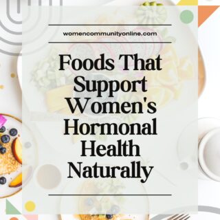 Healthy foods including salmon, seeds, vegetables, and fruits that support women's hormonal health